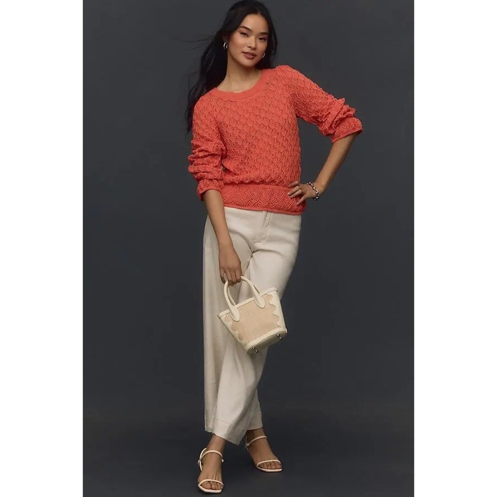 Anthropologie Flounce-Hem Pointelle Sweater in Coral Size XS